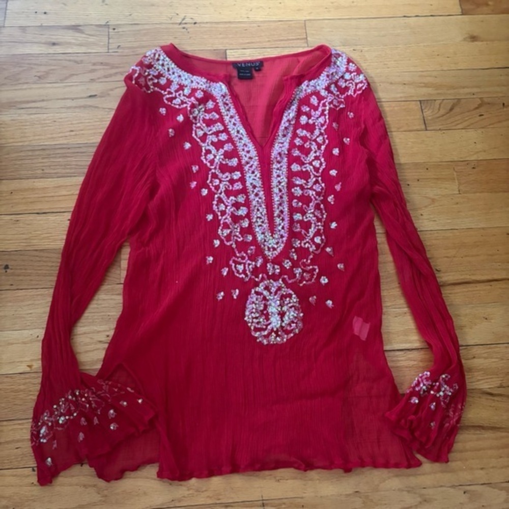 Venus Red Silk Sheer Sequin Blouse Size Medium